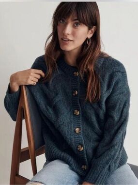 Madewell Ashmont Cable Knit Cardigan Sweater Blue Green Wool Blend Size Small.